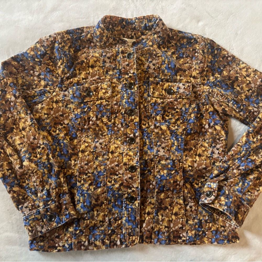 Christopher & Banks Printed Denim Jacket Brown Blue Abstract Floral M - Picture 2 of 11
